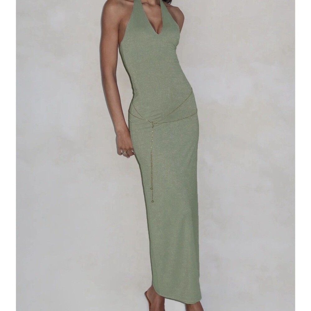 Tiger Mist Metallic Sage Green Halter Dress Sz XXS